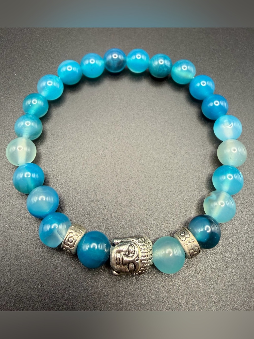 Blue Beads 8mm Stone Metal Buddha Charm Bracelet New
